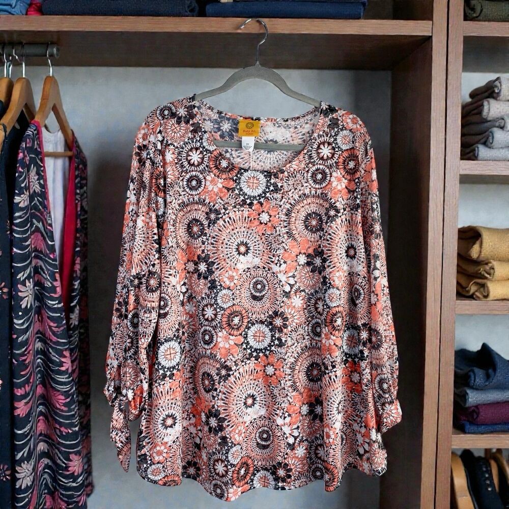 Ruby Road Acid Wash Blouse 3X Romantic Bow Tie Sleeves Pink Brown Cream Top